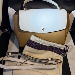 Tory Burch White and Tan Emerson Small Two Way Crossbody Satchel with Dustbag